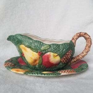 Fitz and Floyd Vintage Gravy Boat Underplate Autumn Ceramic Set 1991 Fruit Pine